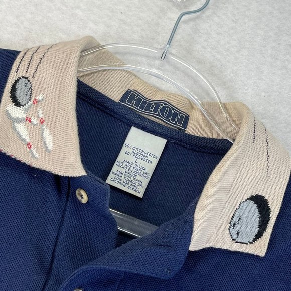 Vintage HILTON Mens L Novelty Embroidered Bowling Short Sleeve Polo Shirt - Picture 7 of 10